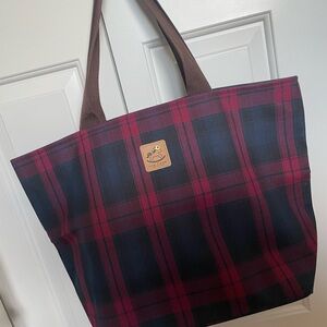 Plaid Tote Bag with Brown Handles